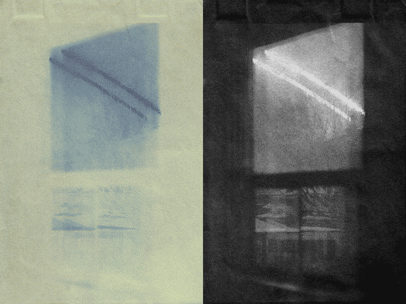 dyptich of a cyanotype of two solar lines going across the window, and it's print